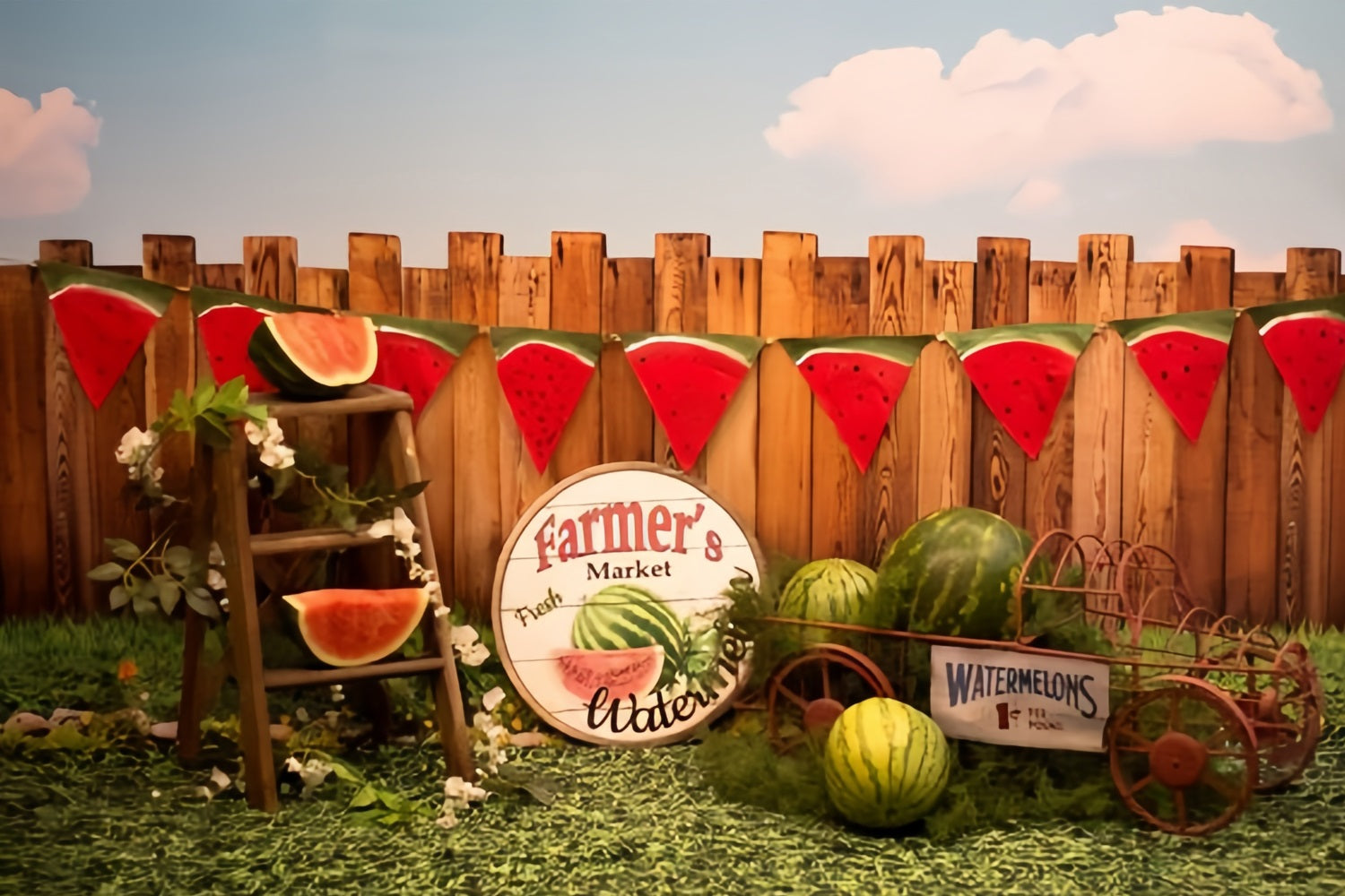 Summer Watermelon Market Wooden Fence Backdrop RR3-19