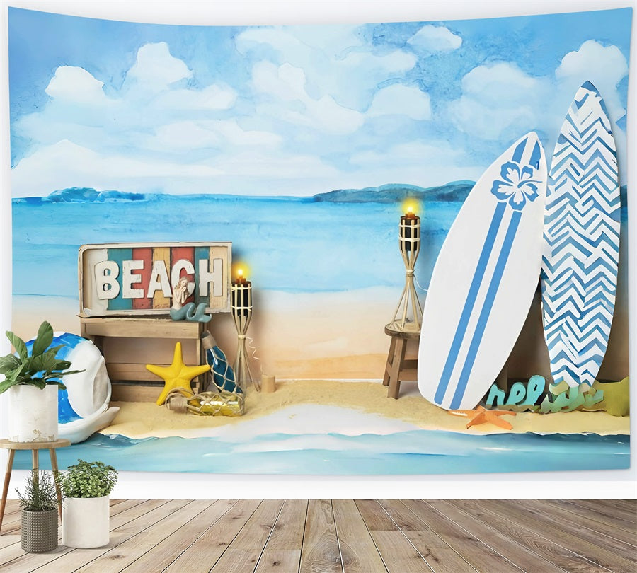 Summer Sea Beach Blue Sky White Clouds Surfing Theme Backdrop RR3-29