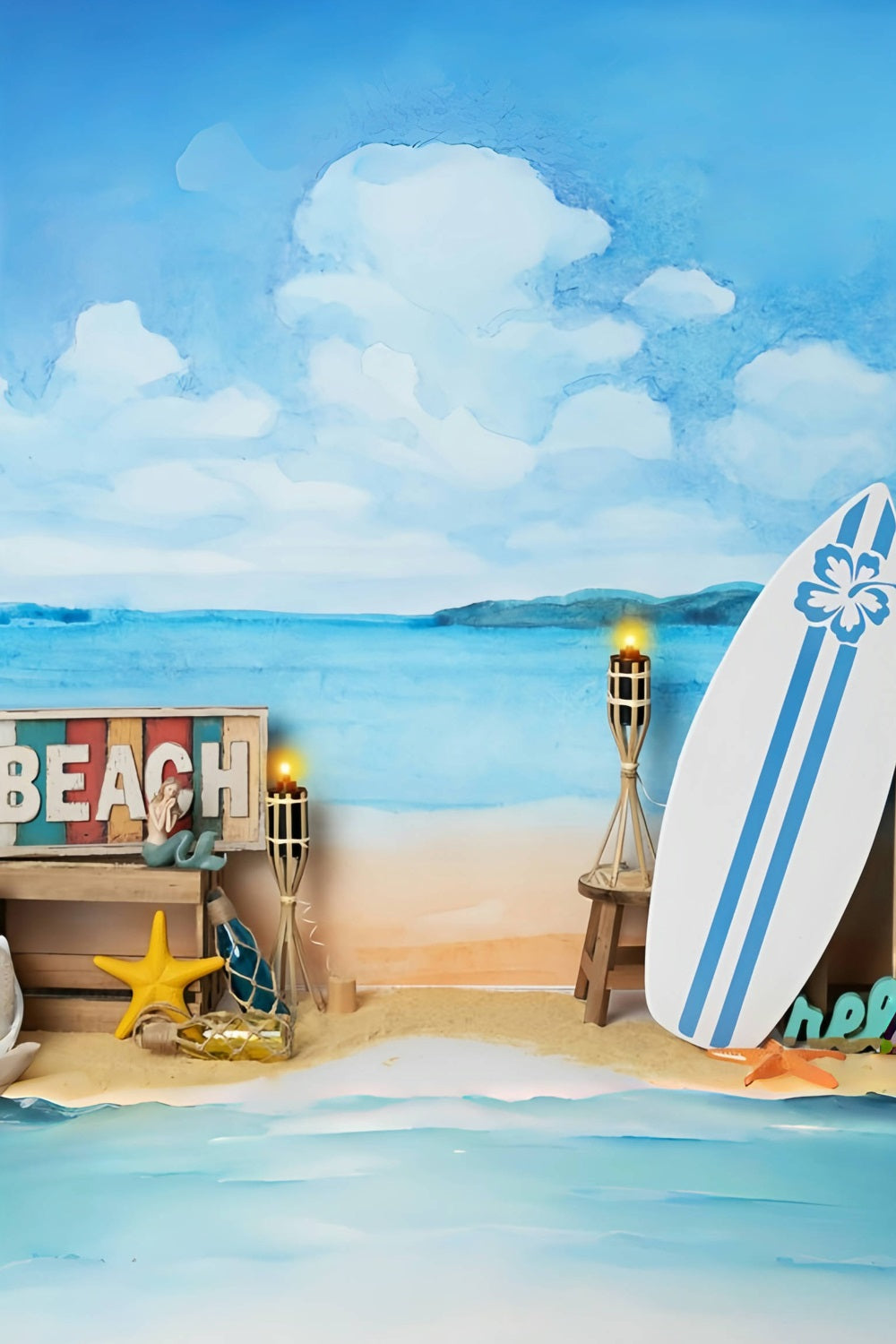 Summer Sea Beach Blue Sky White Clouds Surfing Theme Backdrop RR3-29