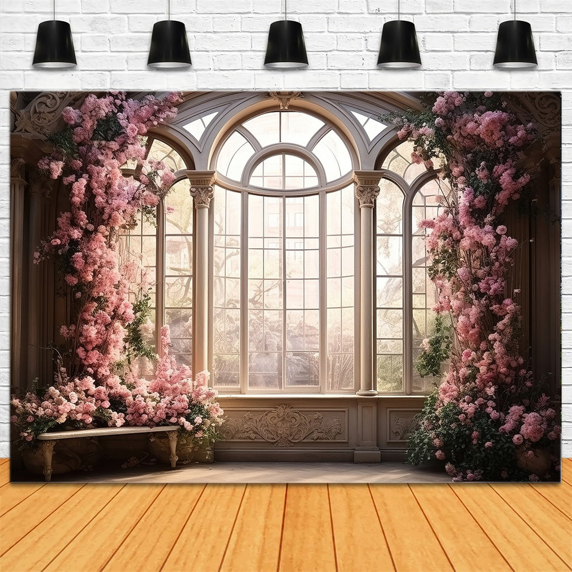 DBackdrop Pink Flowers Vintage Floor Window Cozy Scene Backdrop RR3-33