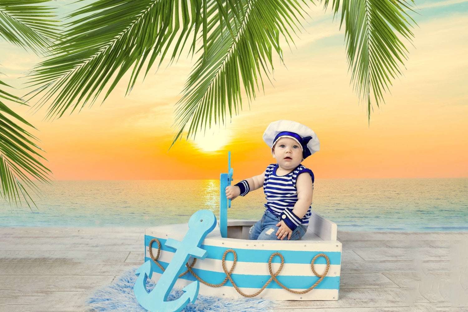 DBackdrop Summer Seaside Beach Coconut Tree Sunset Backdrop RR3-42