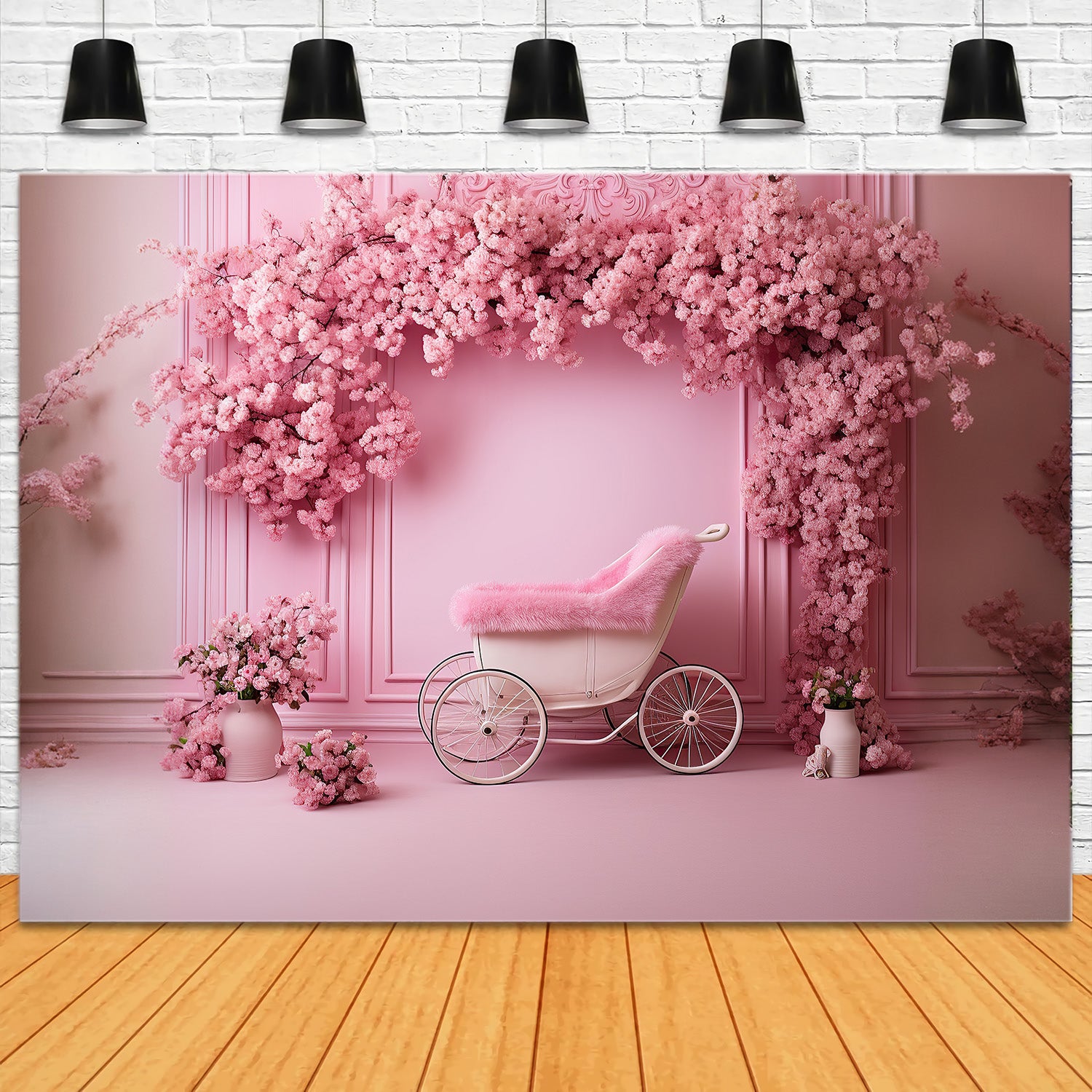 DBackdrop Pink Classic Wall Cherry Blossom Rose Trolley Element Backdrop RR4-12