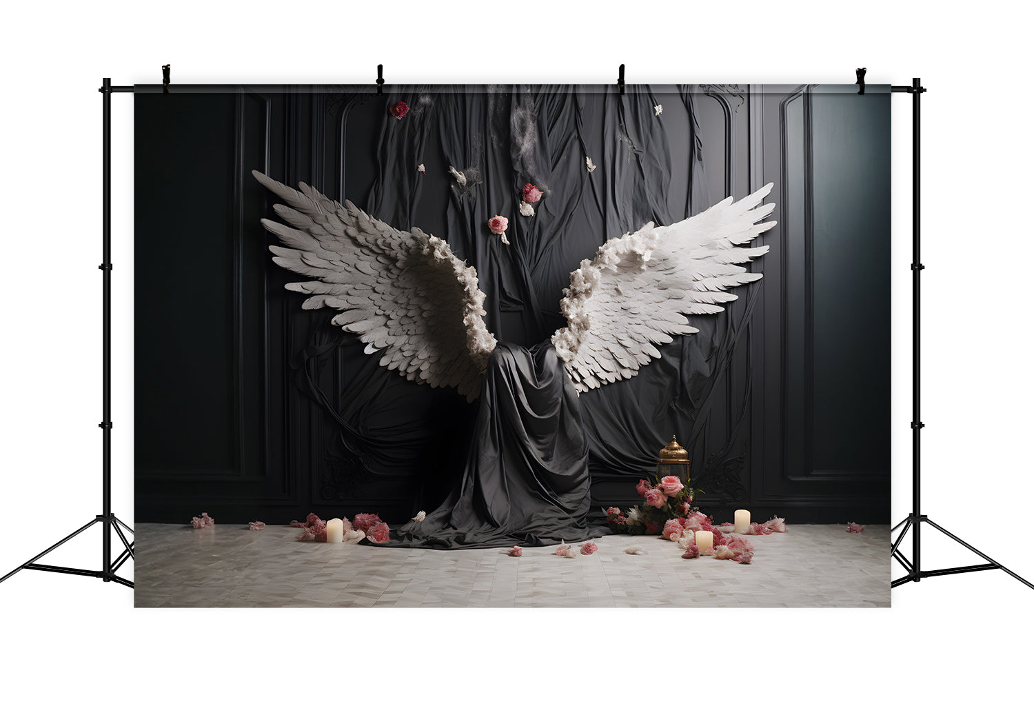 DBackdrop Black Classic Wall Angel White Wings Pink Rose Backdrop RR4-14