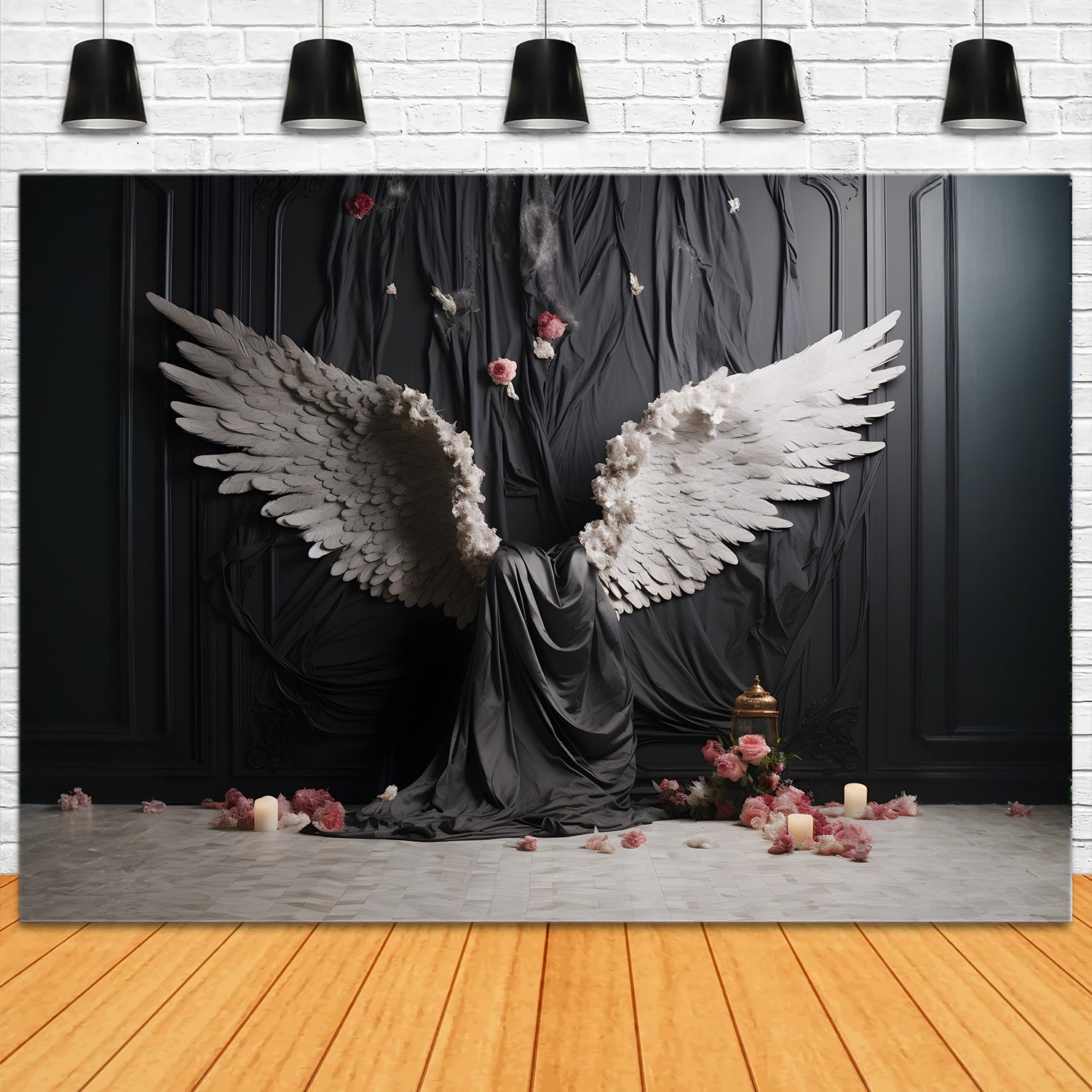 DBackdrop Black Classic Wall Angel White Wings Pink Rose Backdrop RR4-14