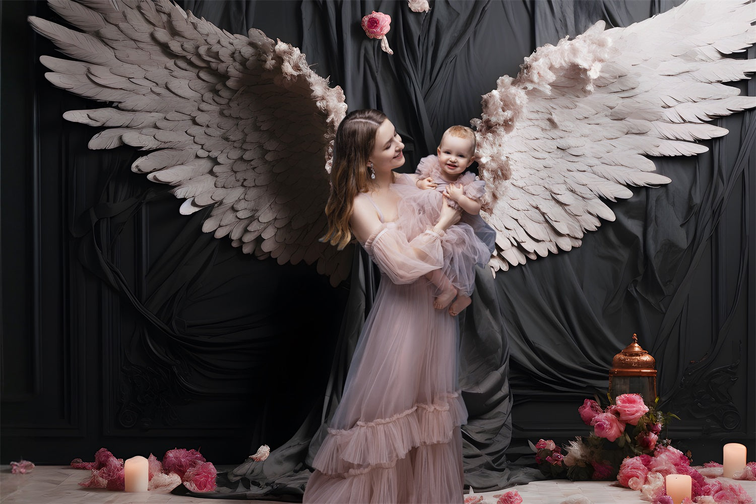 DBackdrop Black Classic Wall Angel White Wings Pink Rose Backdrop RR4-14