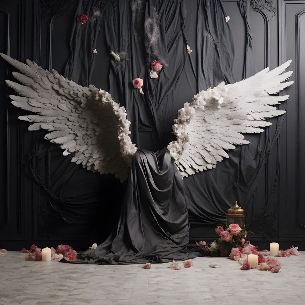 DBackdrop Black Classic Wall Angel White Wings Pink Rose Backdrop RR4-14