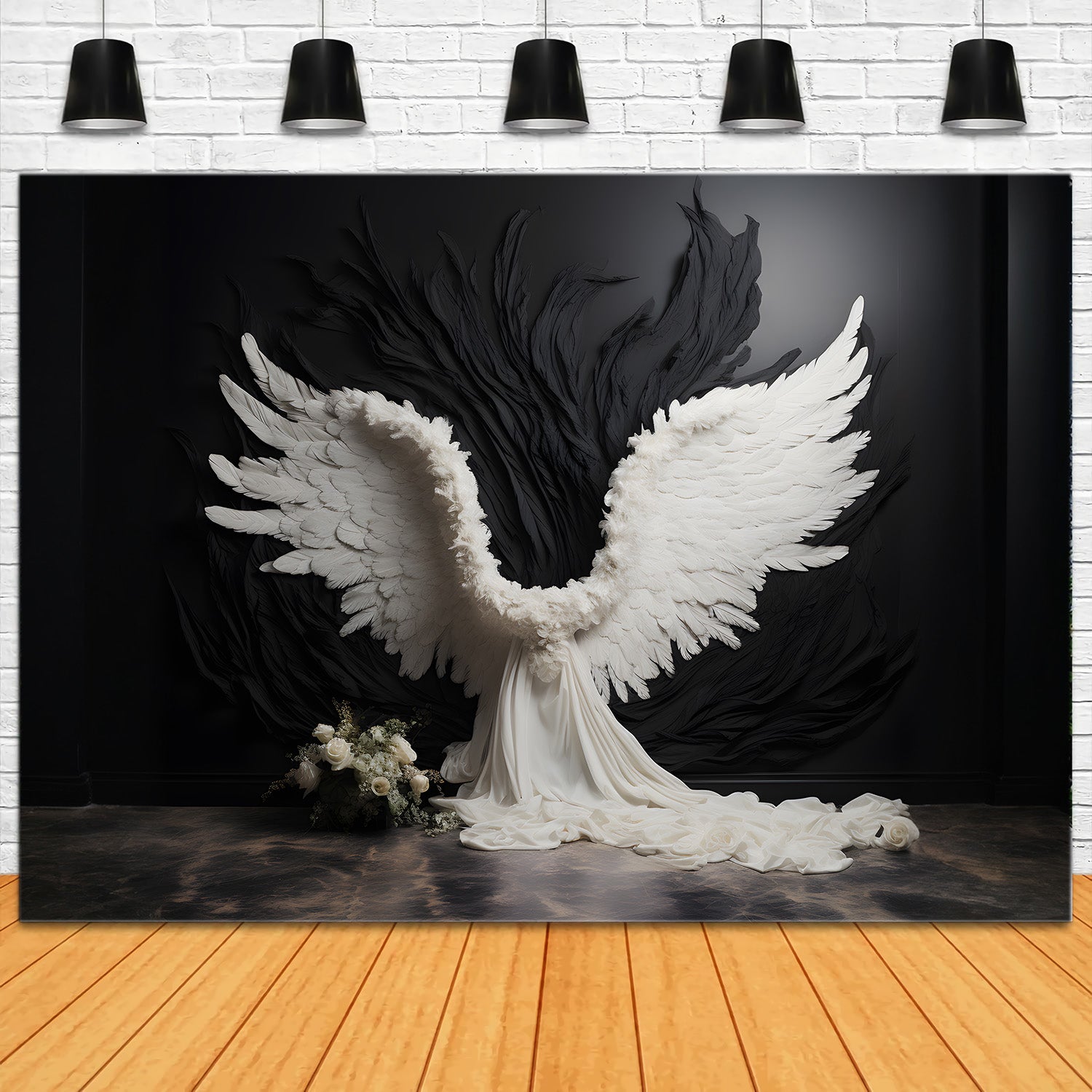 DBackdrop Black Wall Holy Angels White Wings White Roses Backdrop RR4-15