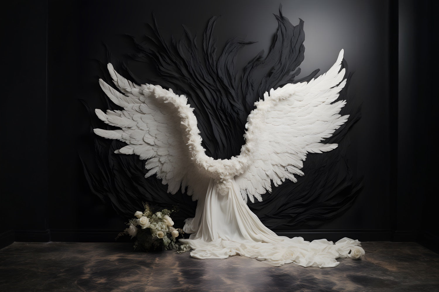 DBackdrop Black Wall Holy Angels White Wings White Roses Backdrop RR4-15