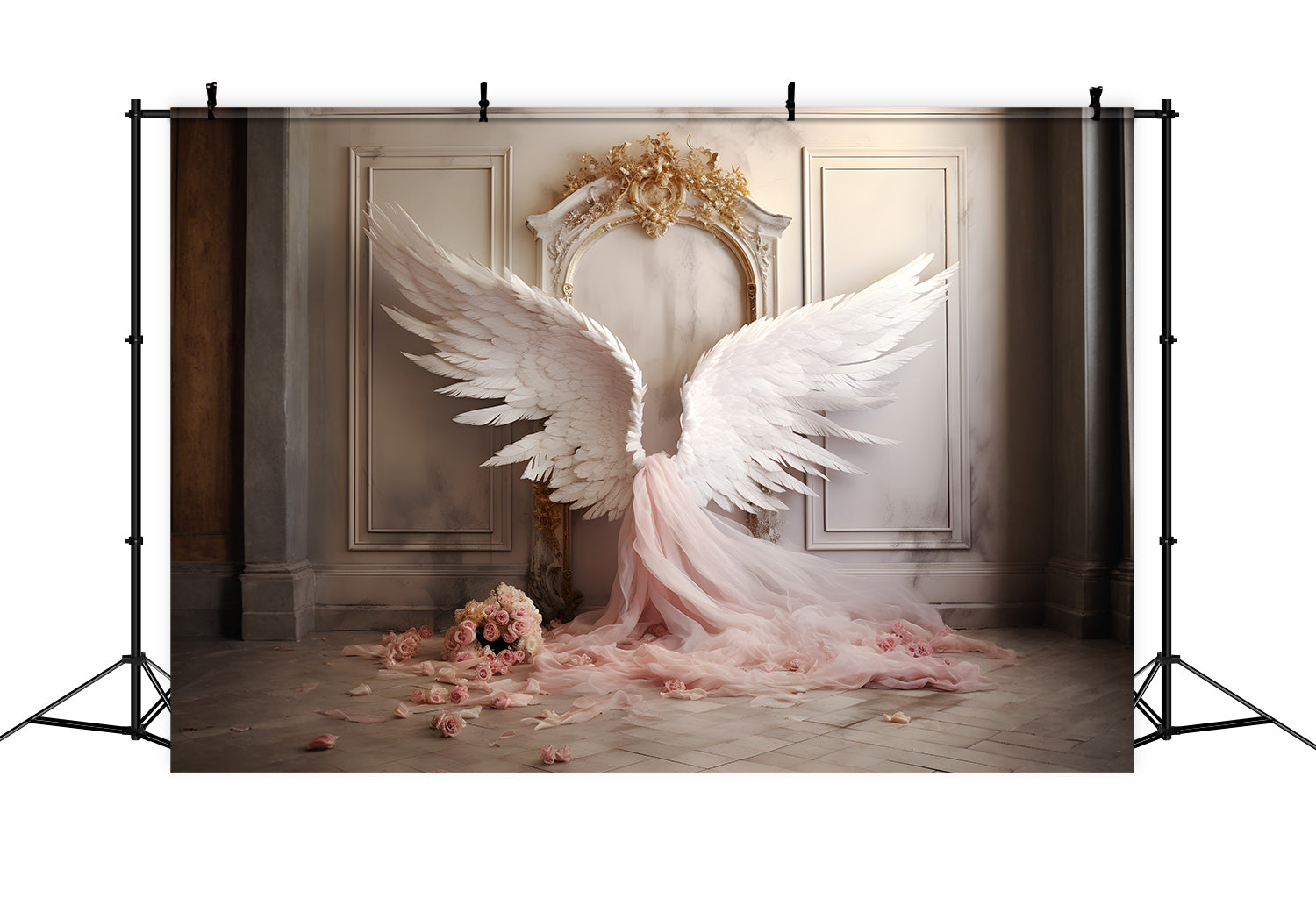 DBackdrop Vintage Wall Pink Elegant Angel Wings Tulle Rose Backdrop RR4-19