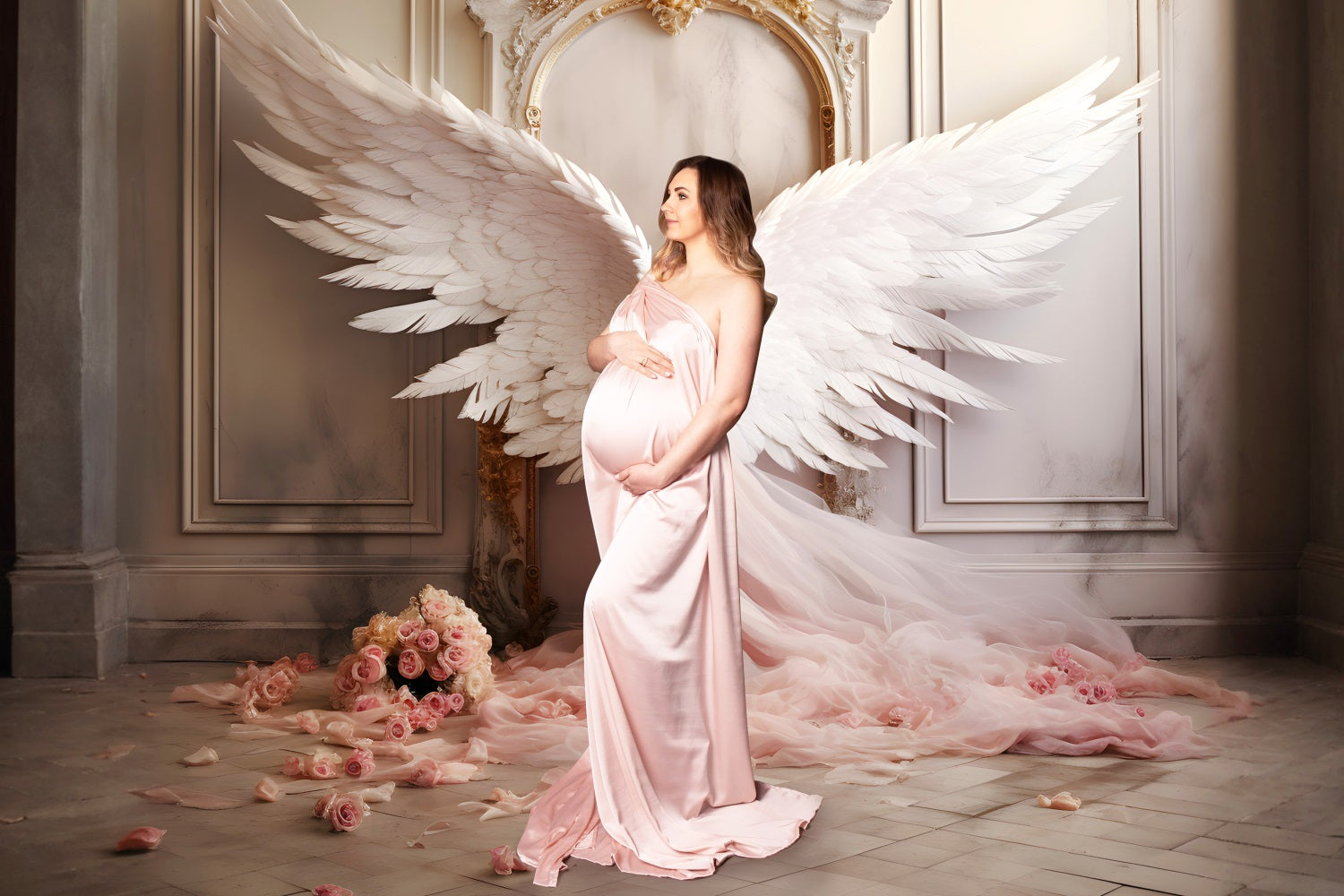 DBackdrop Vintage Wall Pink Elegant Angel Wings Tulle Rose Backdrop RR4-19