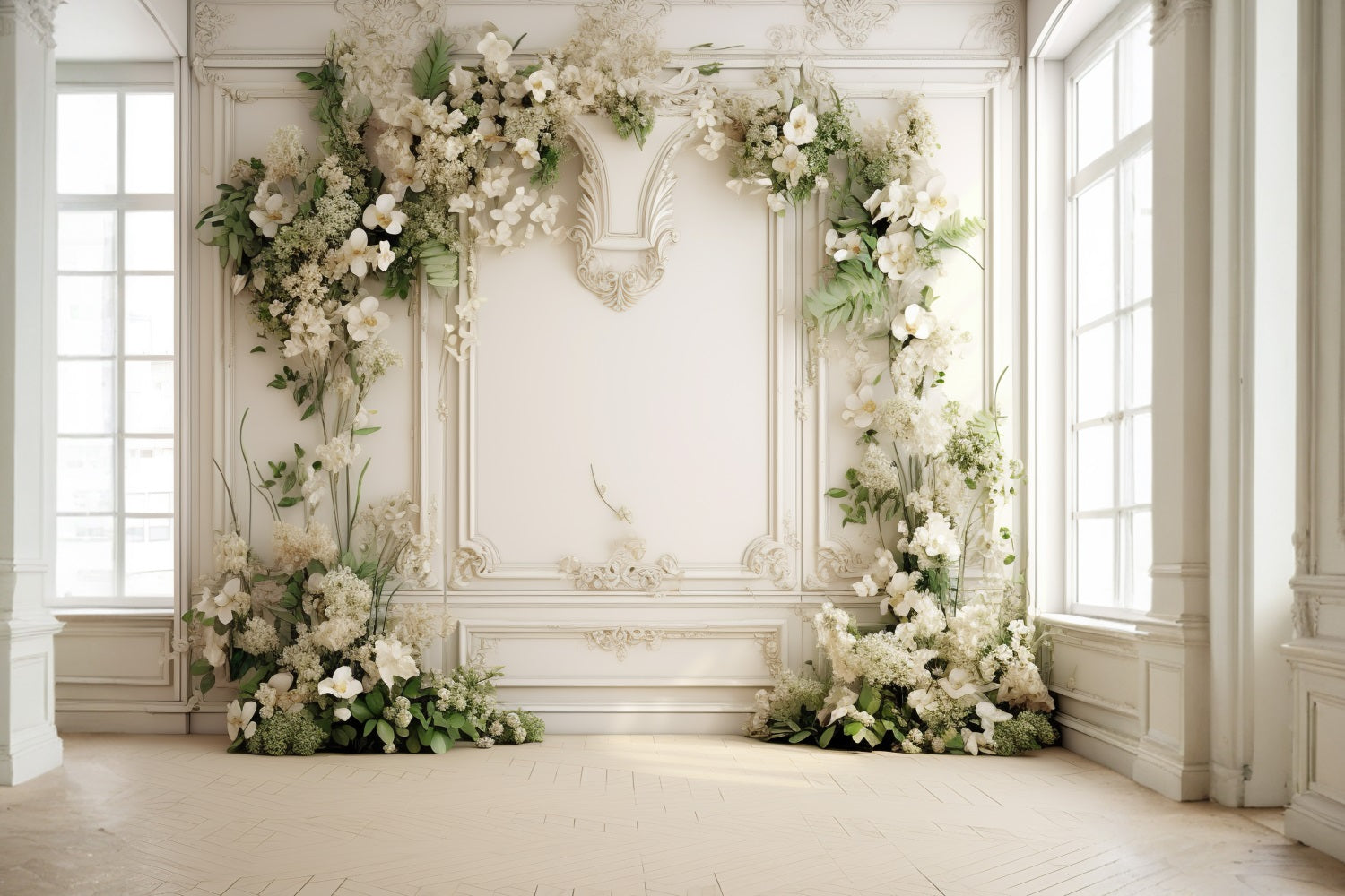 DBackdrop White Vintage Wall Fresh Floral Arch Backdrop RR4-24