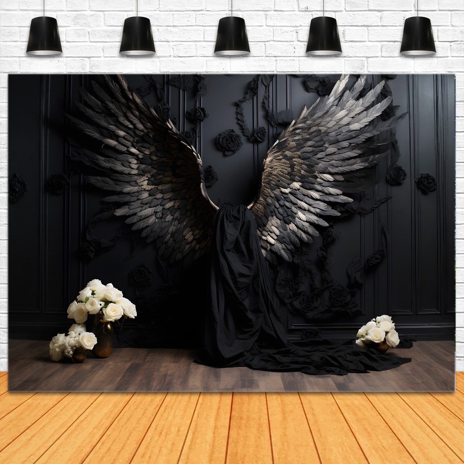 DBackdrop Black Vintage Wall Black Winged Rose Backdrop RR4-31