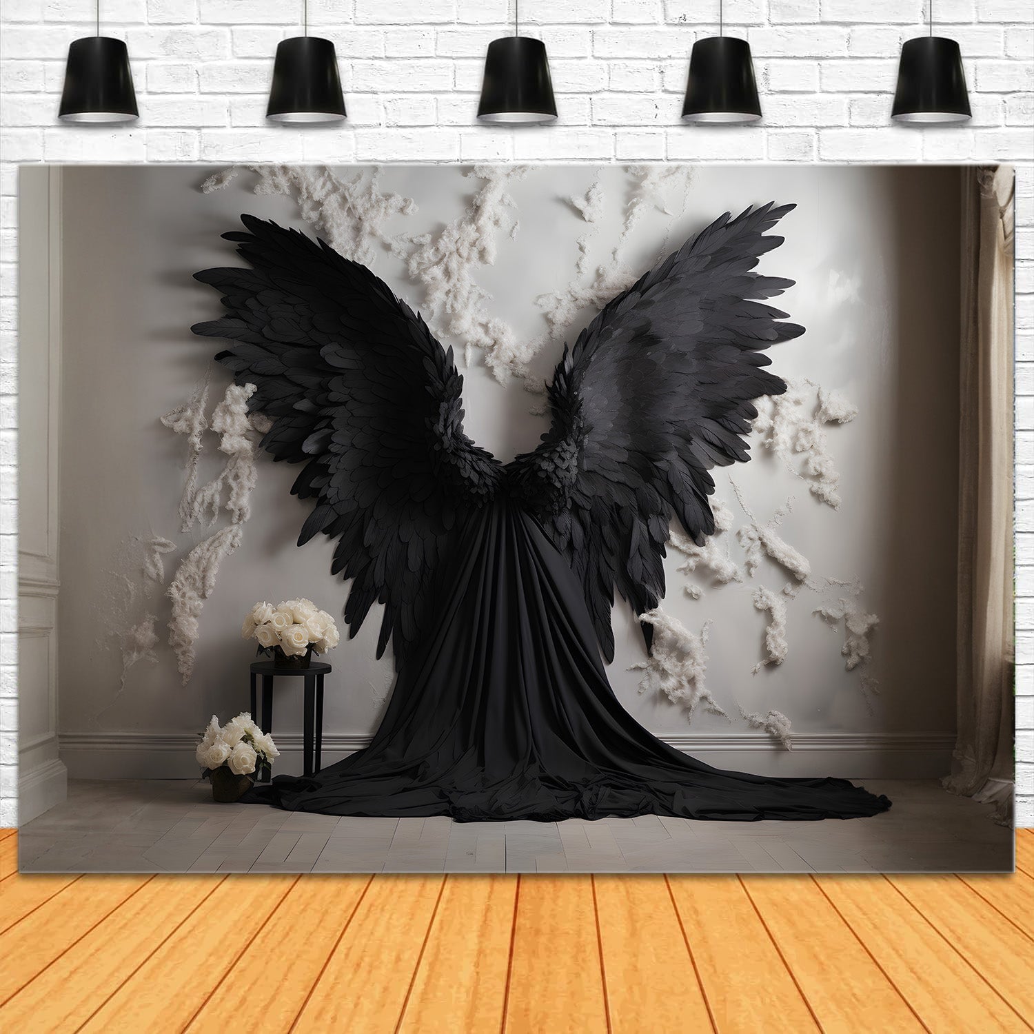 DBackdrop White Wall Black Wings White Rose Backdrop RR4-32