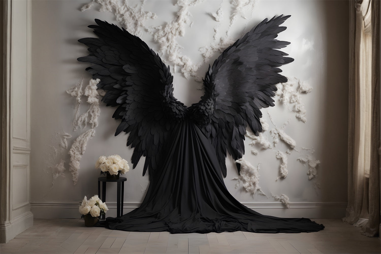 DBackdrop White Wall Black Wings White Rose Backdrop RR4-32