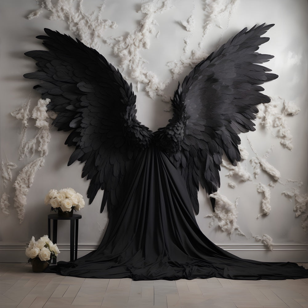 DBackdrop White Wall Black Wings White Rose Backdrop RR4-32