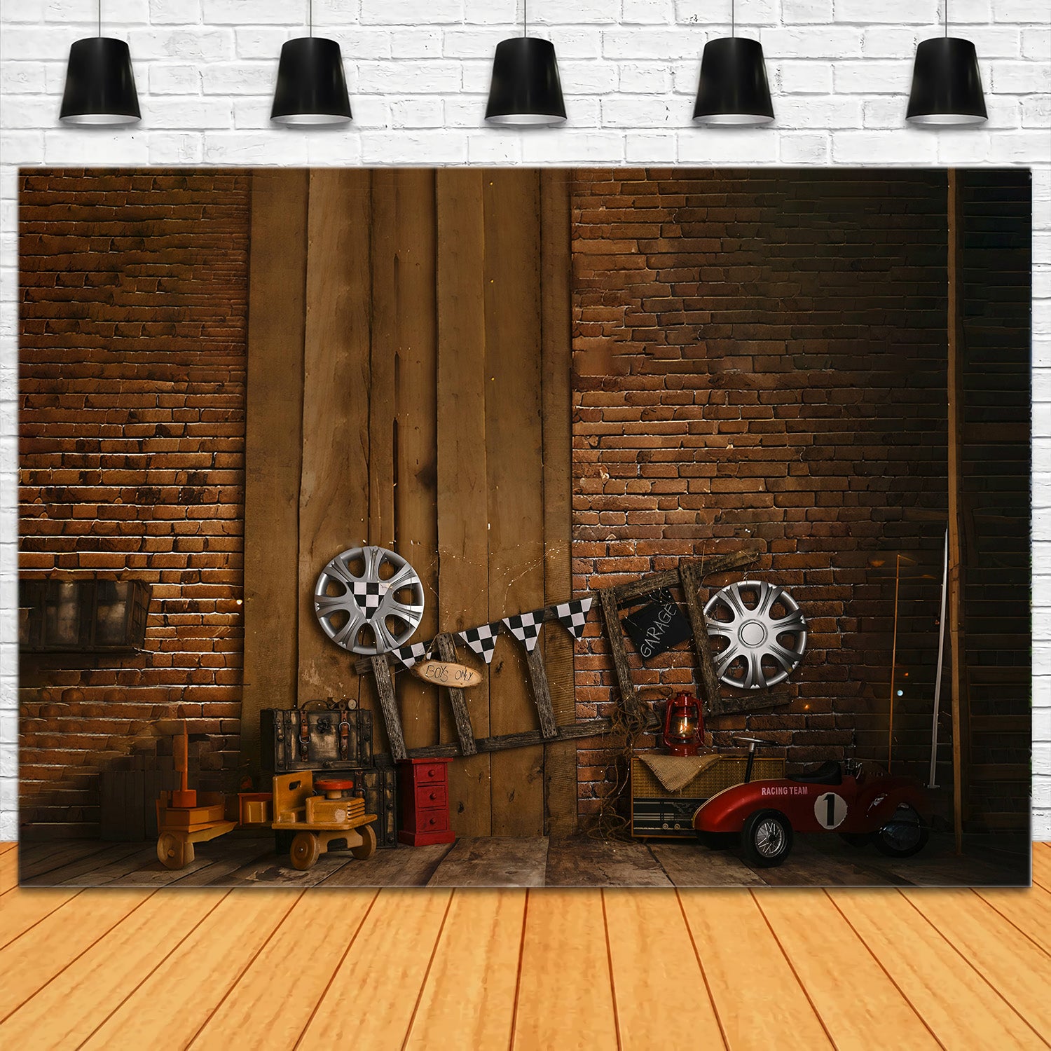 Father's Day Vintage Brick Wall Ladder Racing Tire Backdrop RR5-1