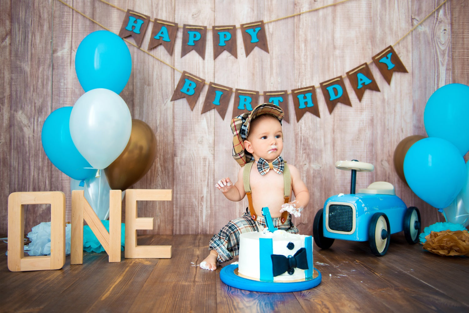 Happy Birthday Banner Balloons Wood Backdrop UK RR5-31