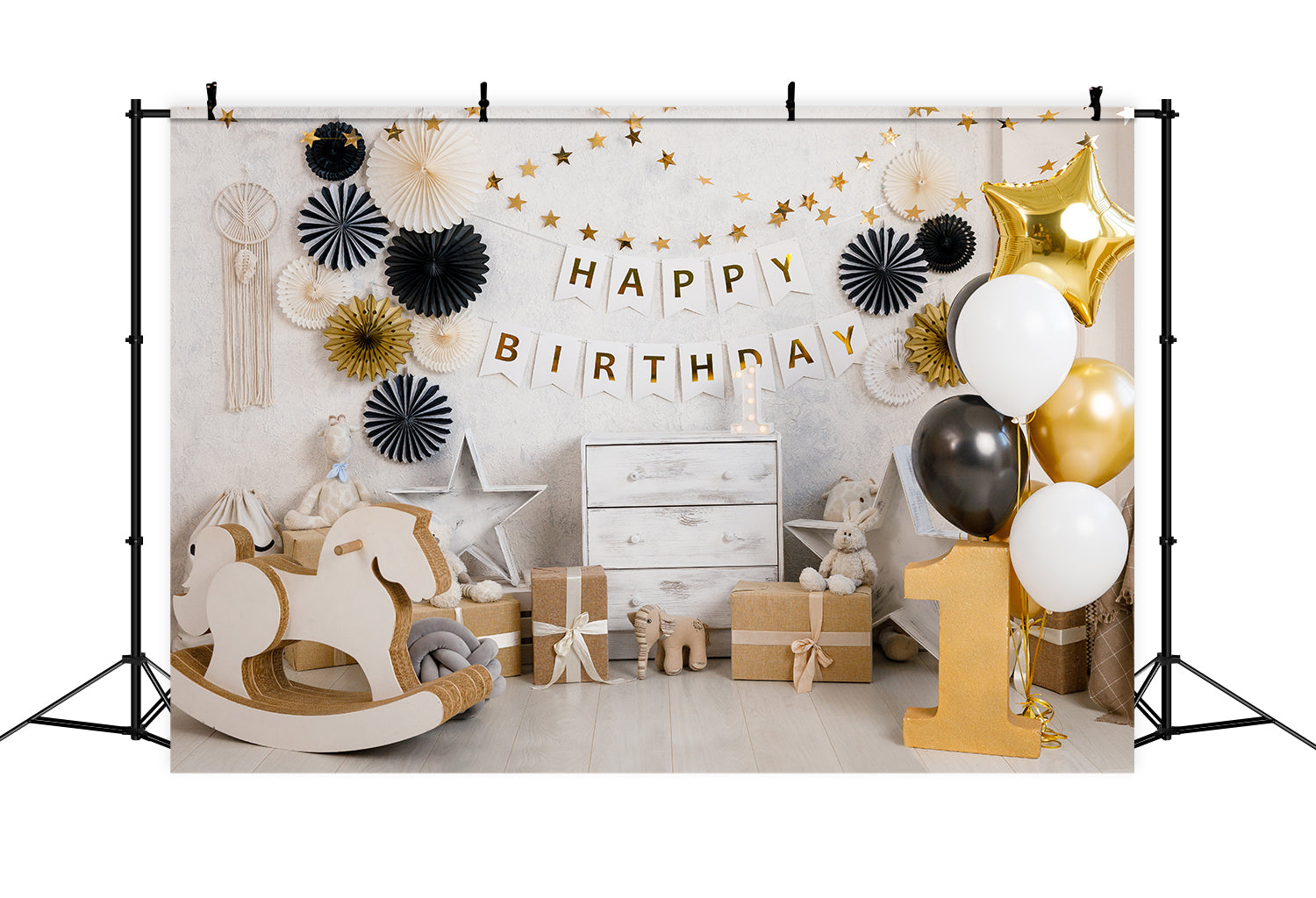 1st Birthday Party Gold Balloons Backdrop UK RR5-35