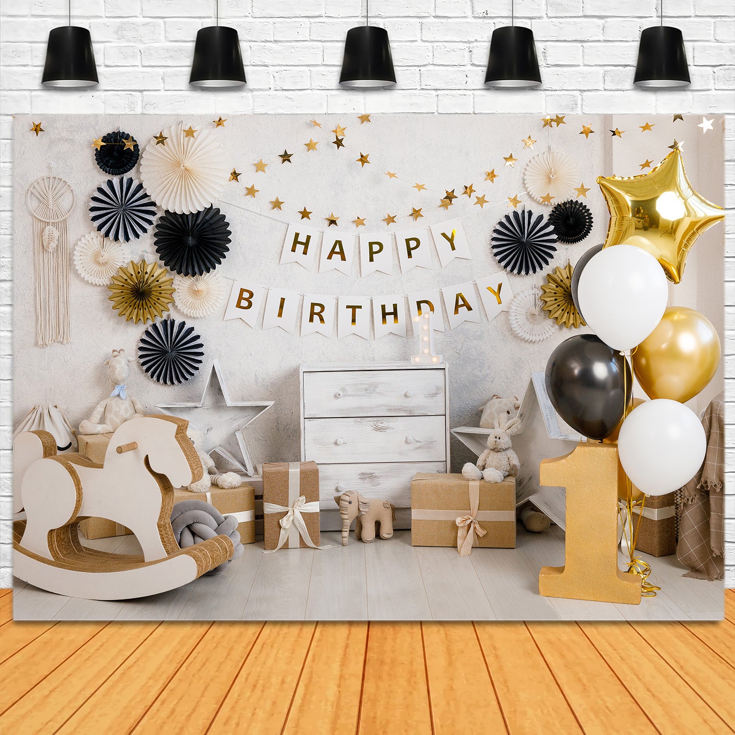 1st Birthday Party Gold Balloons Backdrop UK RR5-35