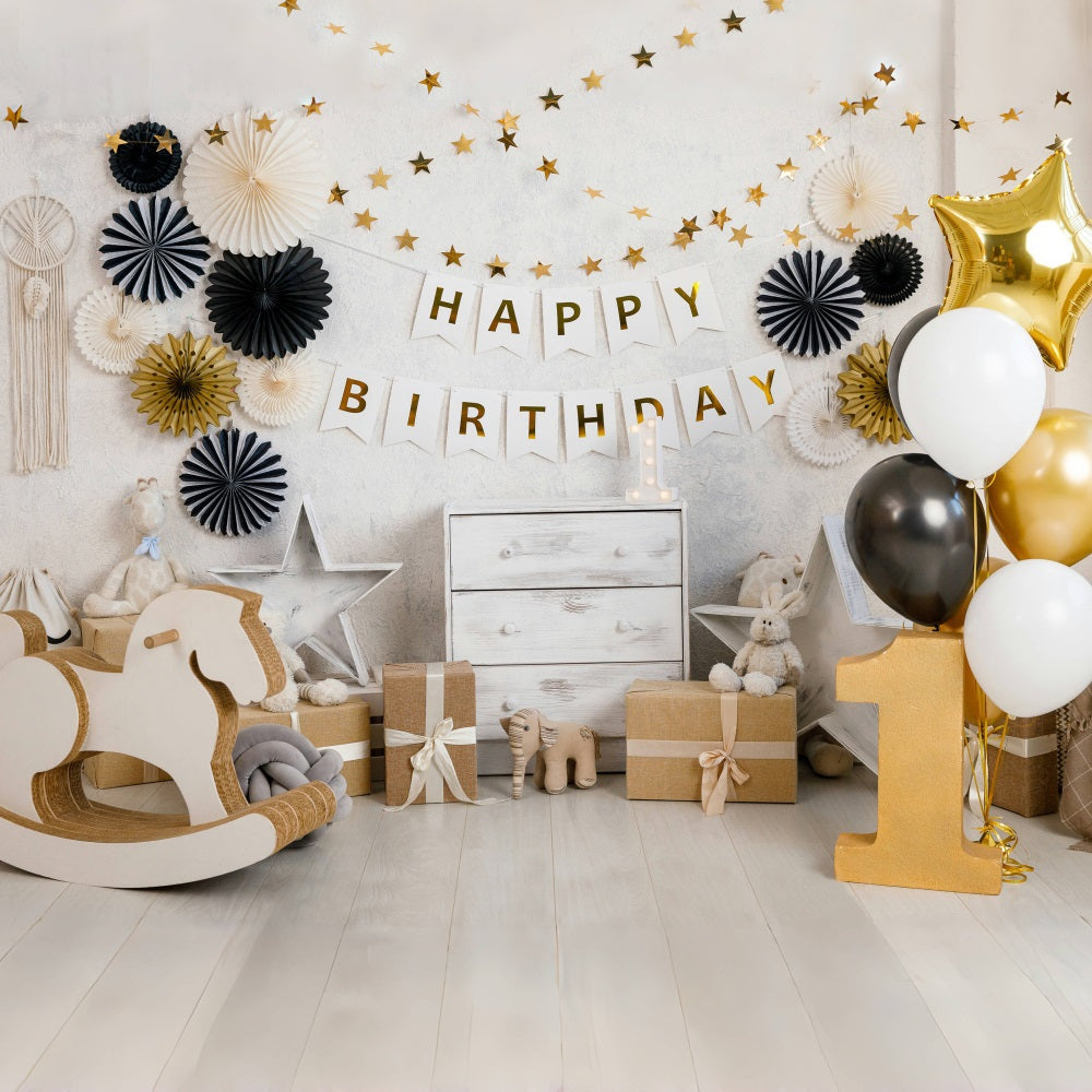 1st Birthday Party Gold Balloons Backdrop UK RR5-35