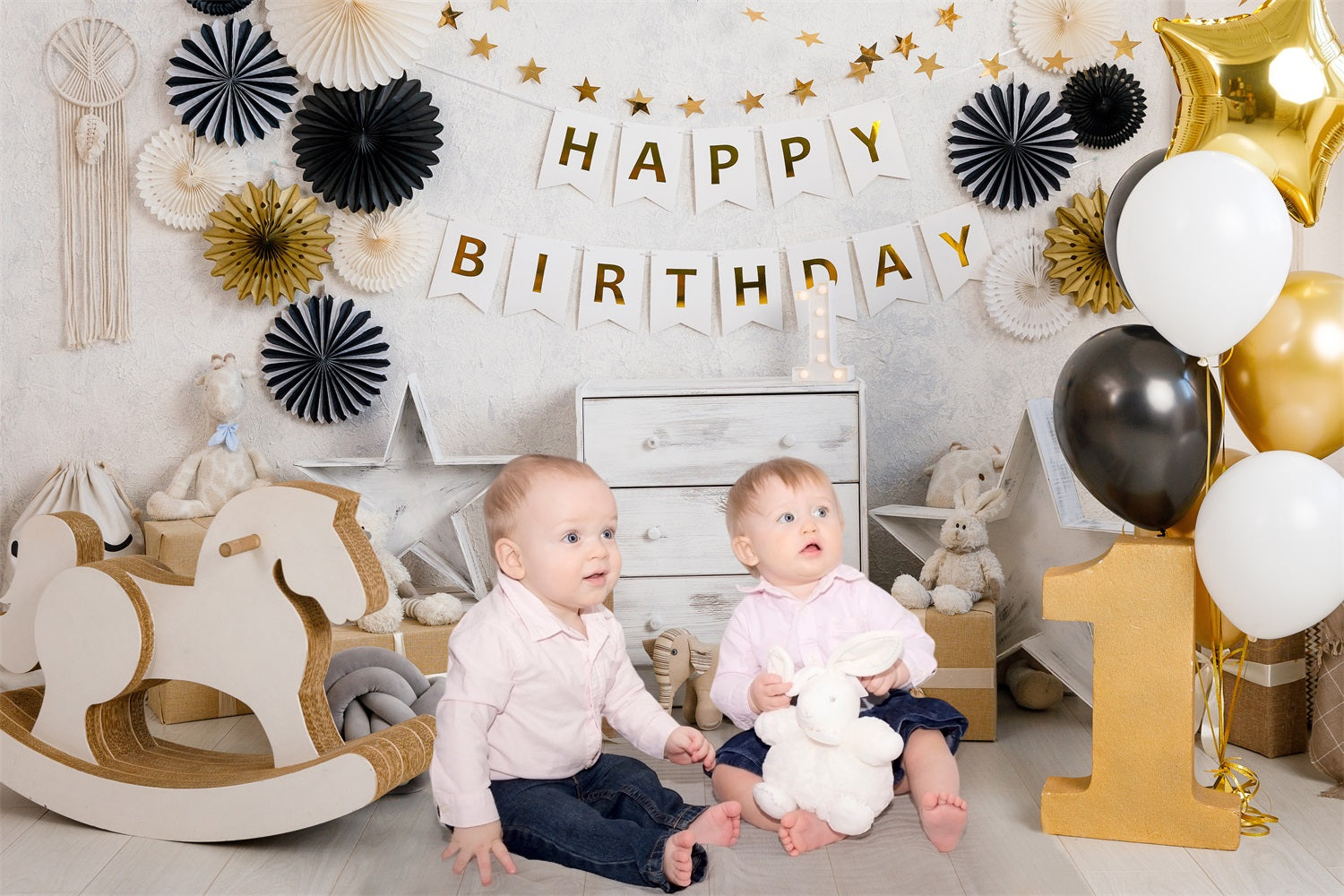 1st Birthday Party Gold Balloons Backdrop UK RR5-35