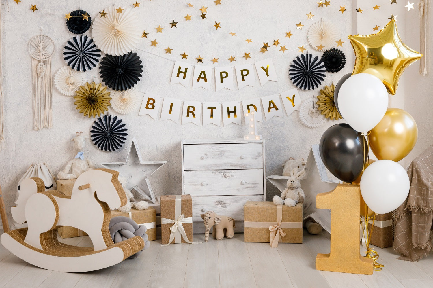 1st Birthday Party Gold Balloons Backdrop UK RR5-35