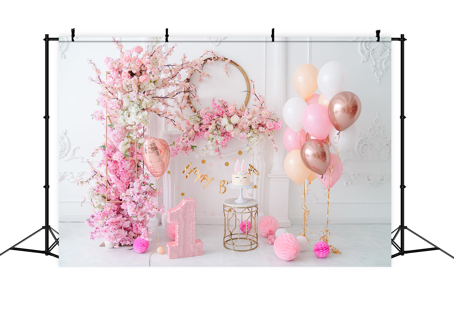 Pink Floral Backdrop for Baby 1st Birthday UK RR5-36