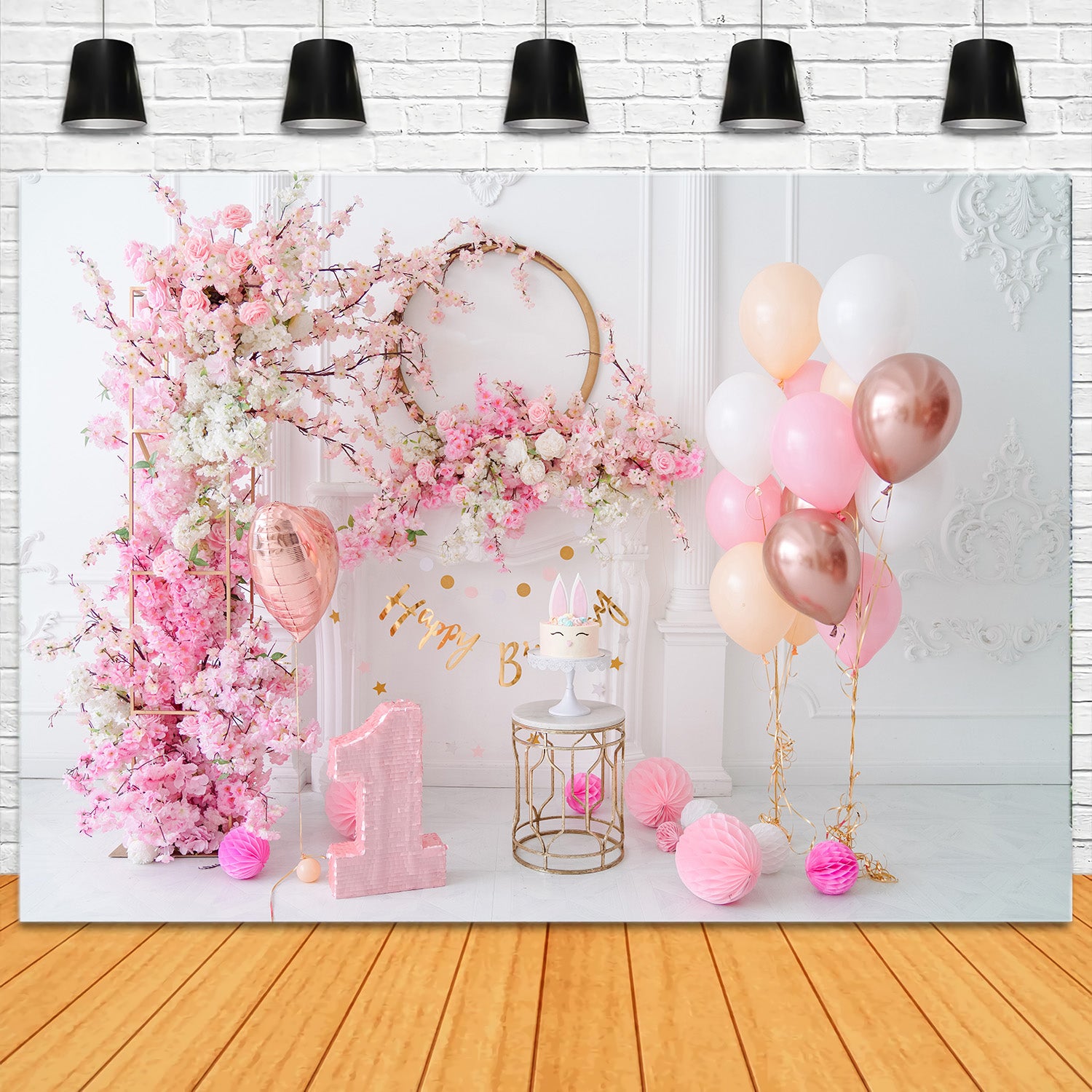 Pink Floral Backdrop for Baby 1st Birthday UK RR5-36