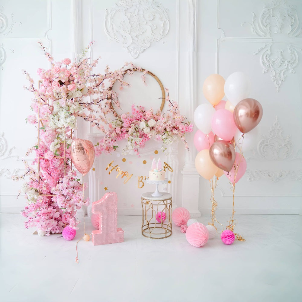 Pink Floral Backdrop for Baby 1st Birthday UK RR5-36