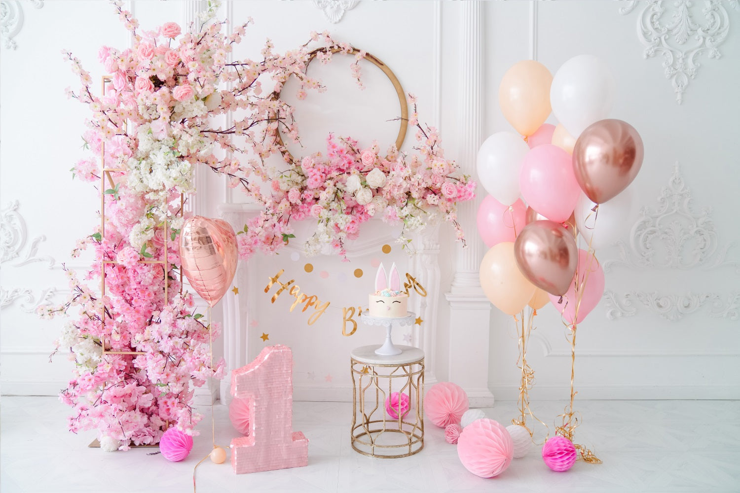 Pink Floral Backdrop for Baby 1st Birthday UK RR5-36