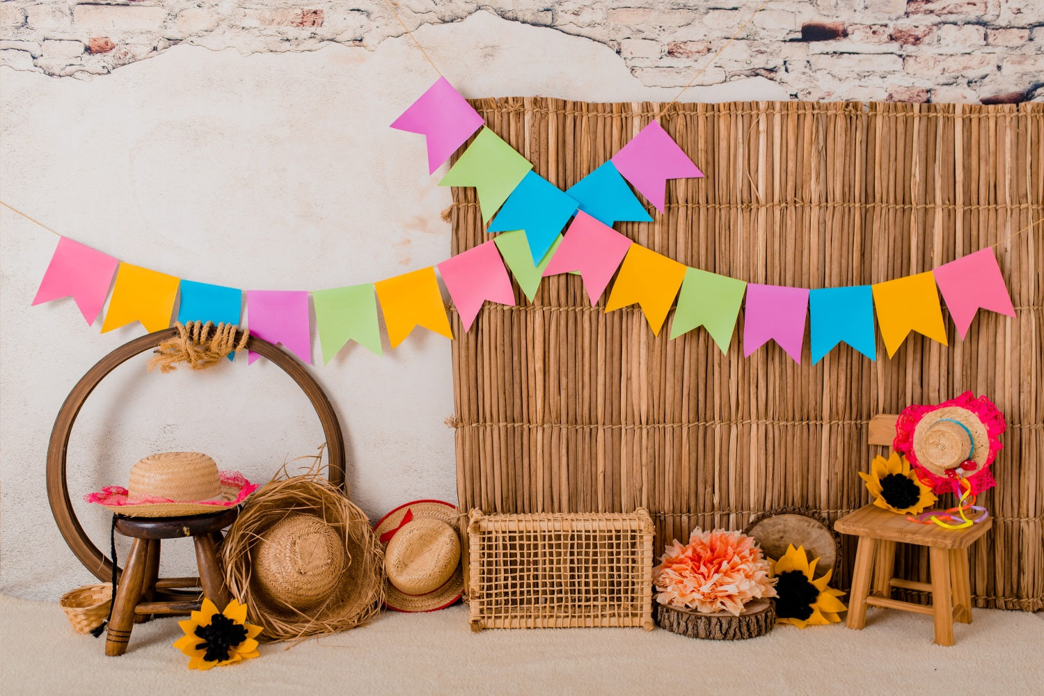 Colored Flags Rattan Photography Backdrop UK RR5-43