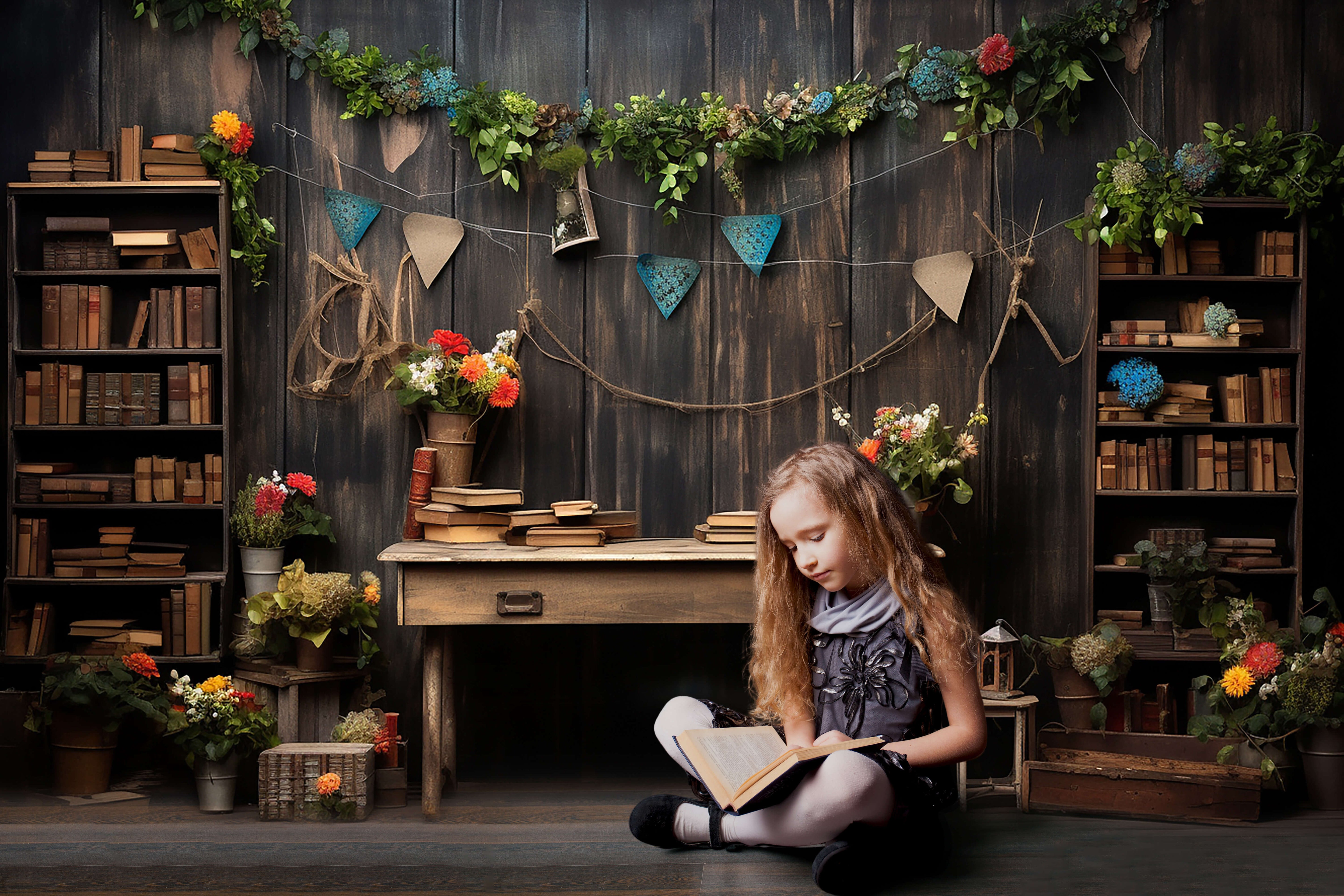 Bookshelf Wood Back to School Photography Backdrop RR6-33