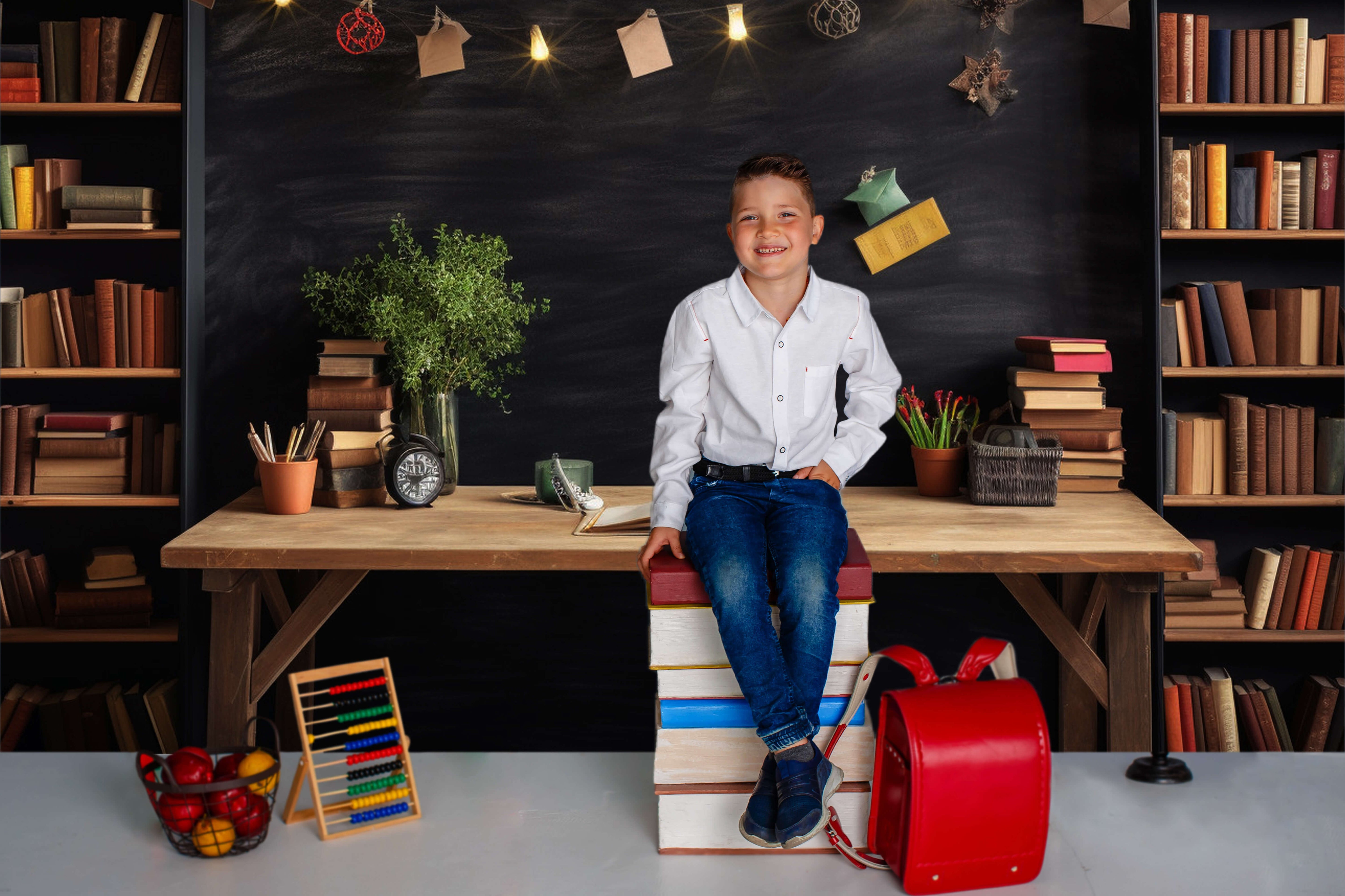 Back to School Theme Bookshelf Desk Backdrop RR6-34