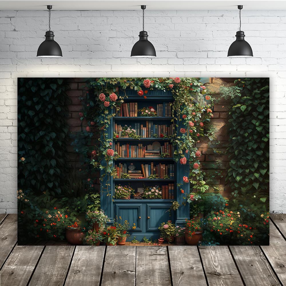 Back to School Bookshelf in Flowers Backdrop RR6-35