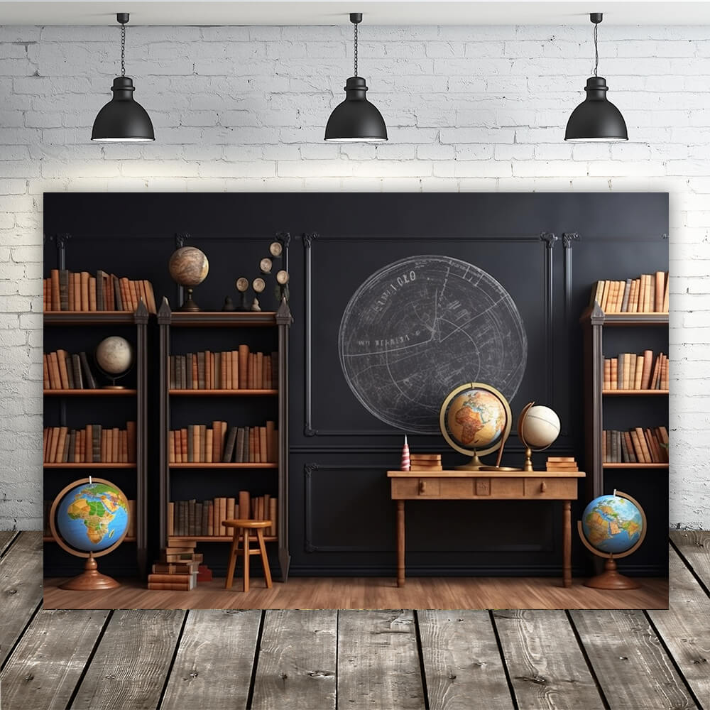 Bookshelf Globes Classroom Back to School Backdrop RR6-44