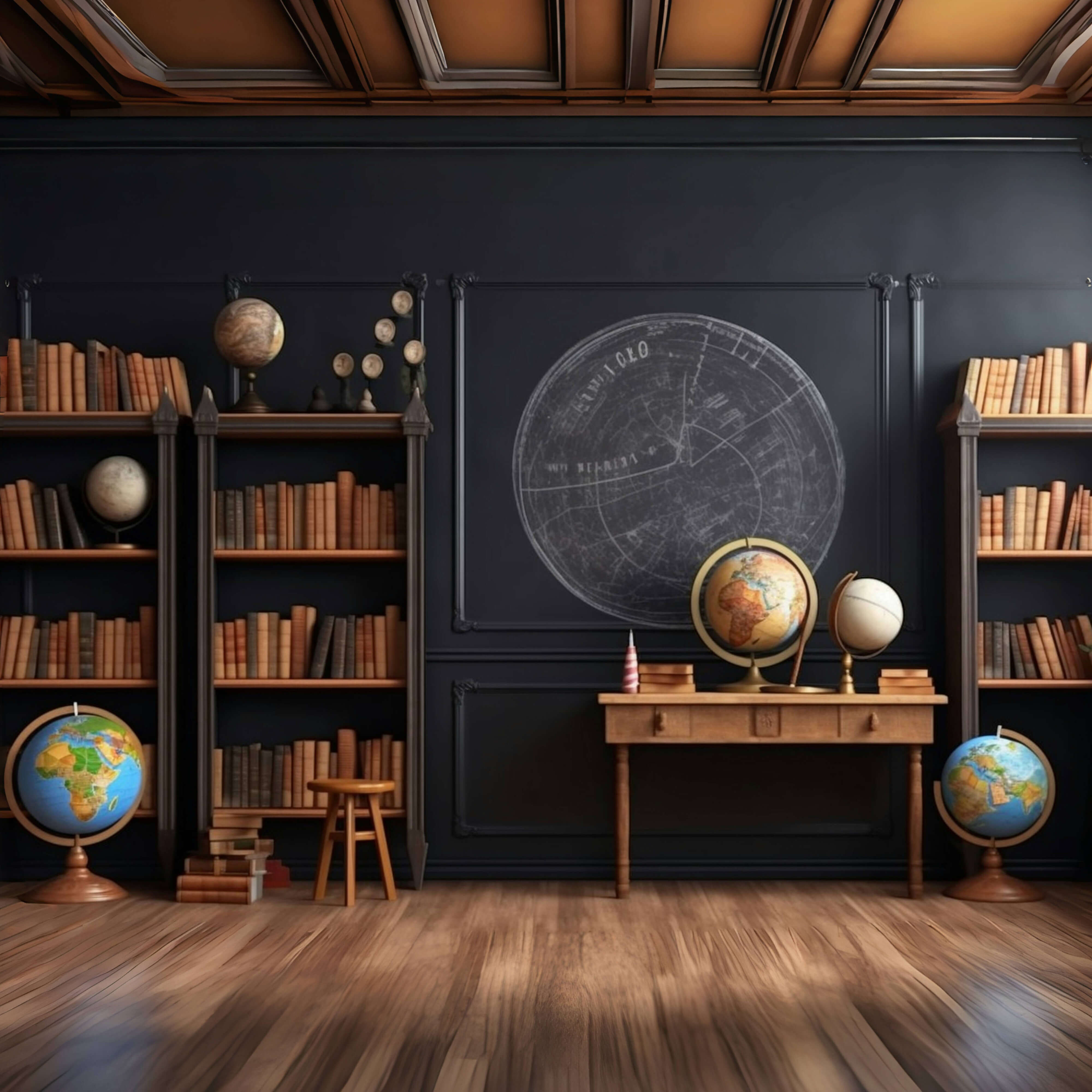 Bookshelf Globes Classroom Back to School Backdrop RR6-44