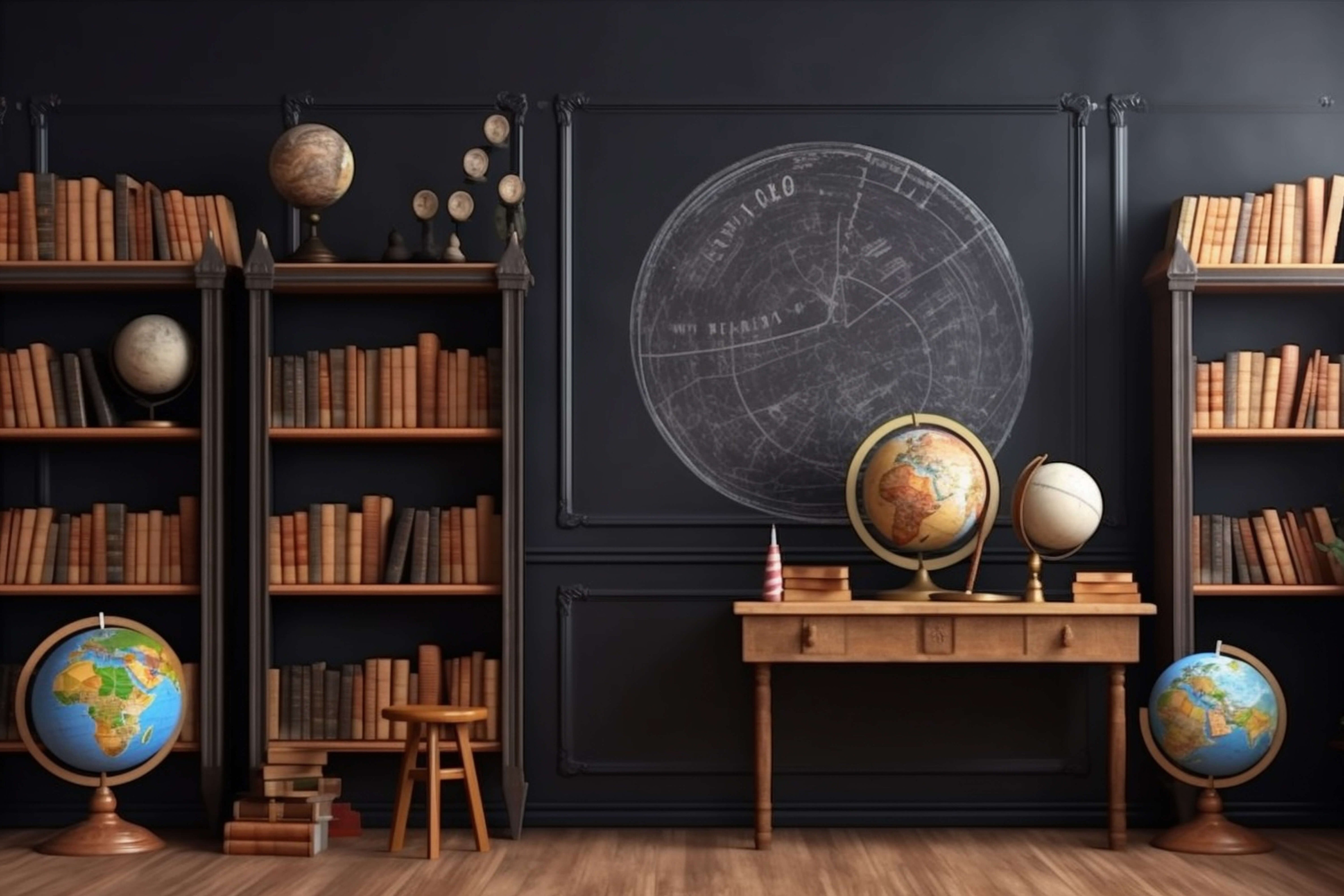 Bookshelf Globes Classroom Back to School Backdrop RR6-44