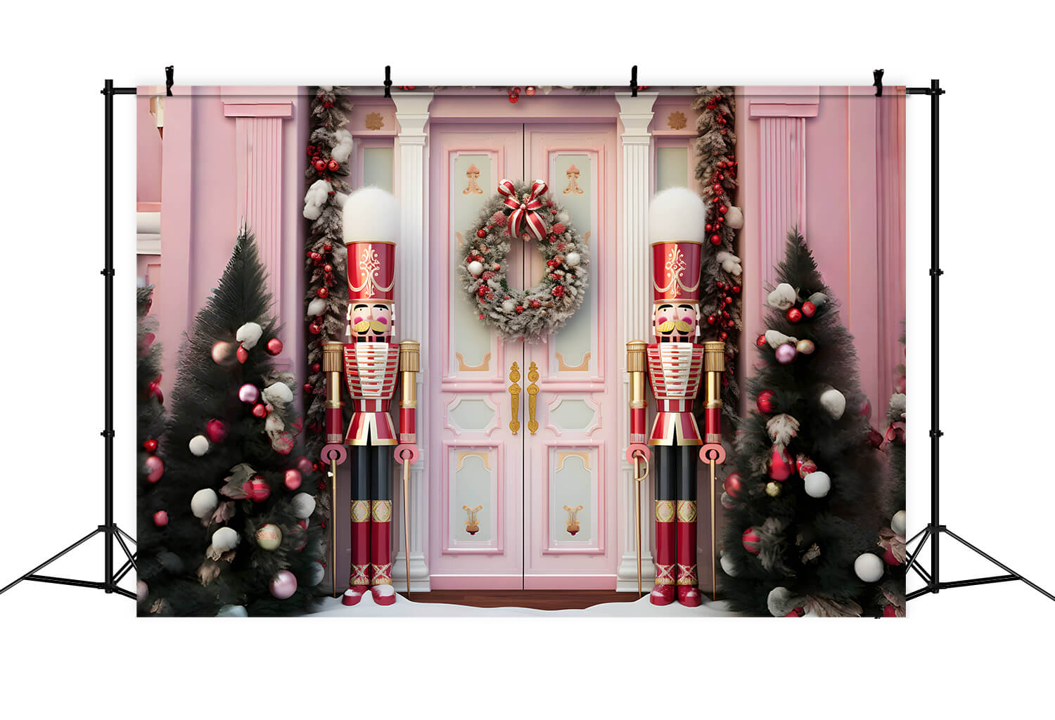 Pink Christmas Front Door Nutcracker Backdrop UK RR6-46