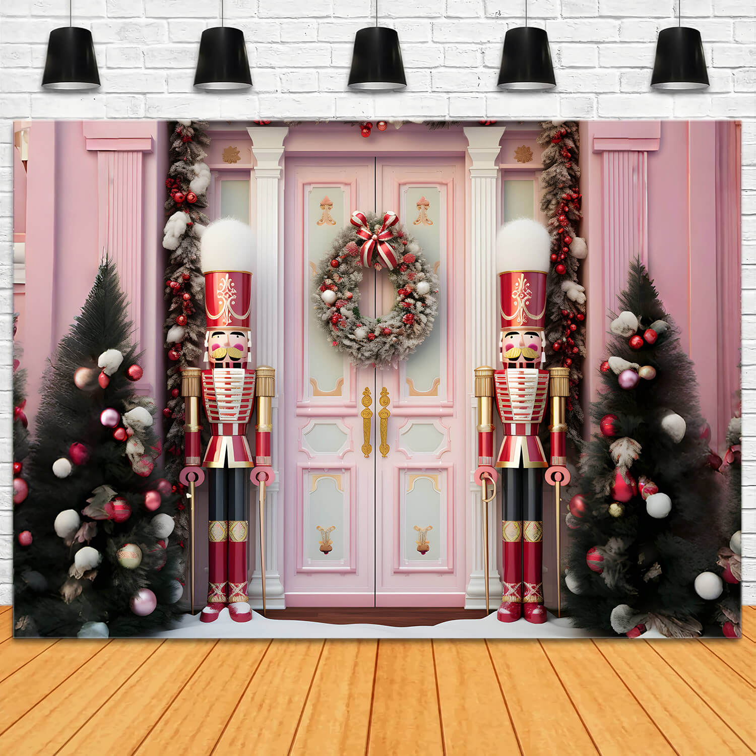 Pink Christmas Front Door Nutcracker Backdrop UK RR6-46