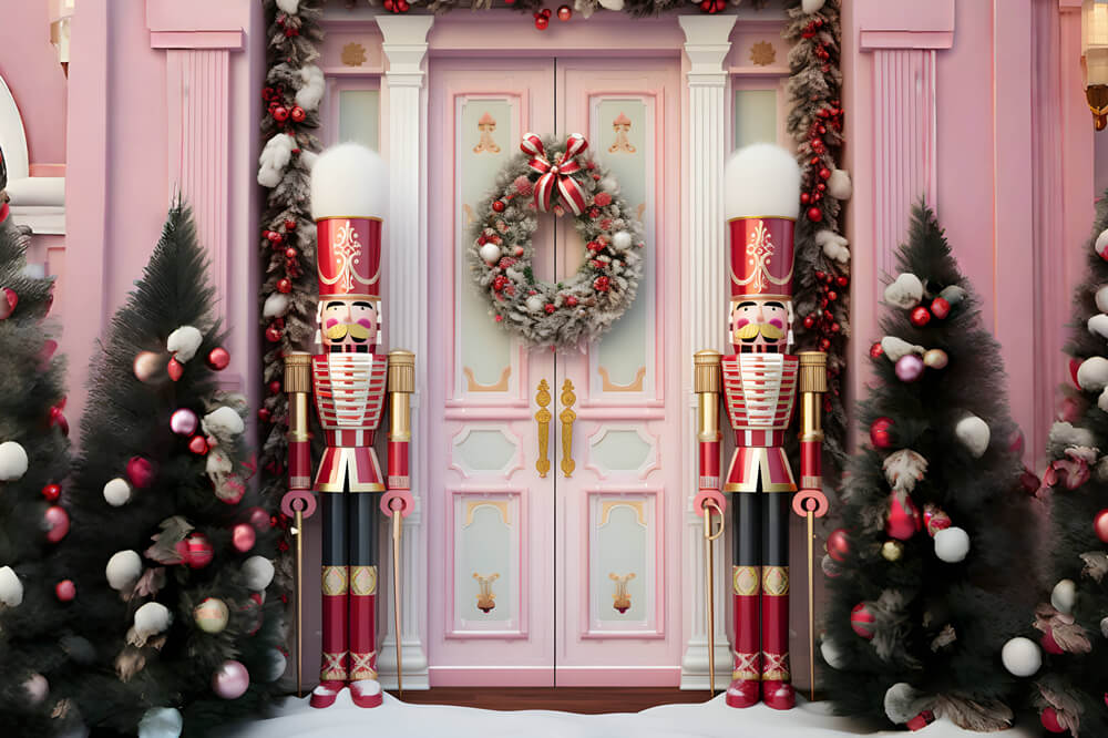 Pink Christmas Front Door Nutcracker Backdrop UK RR6-46