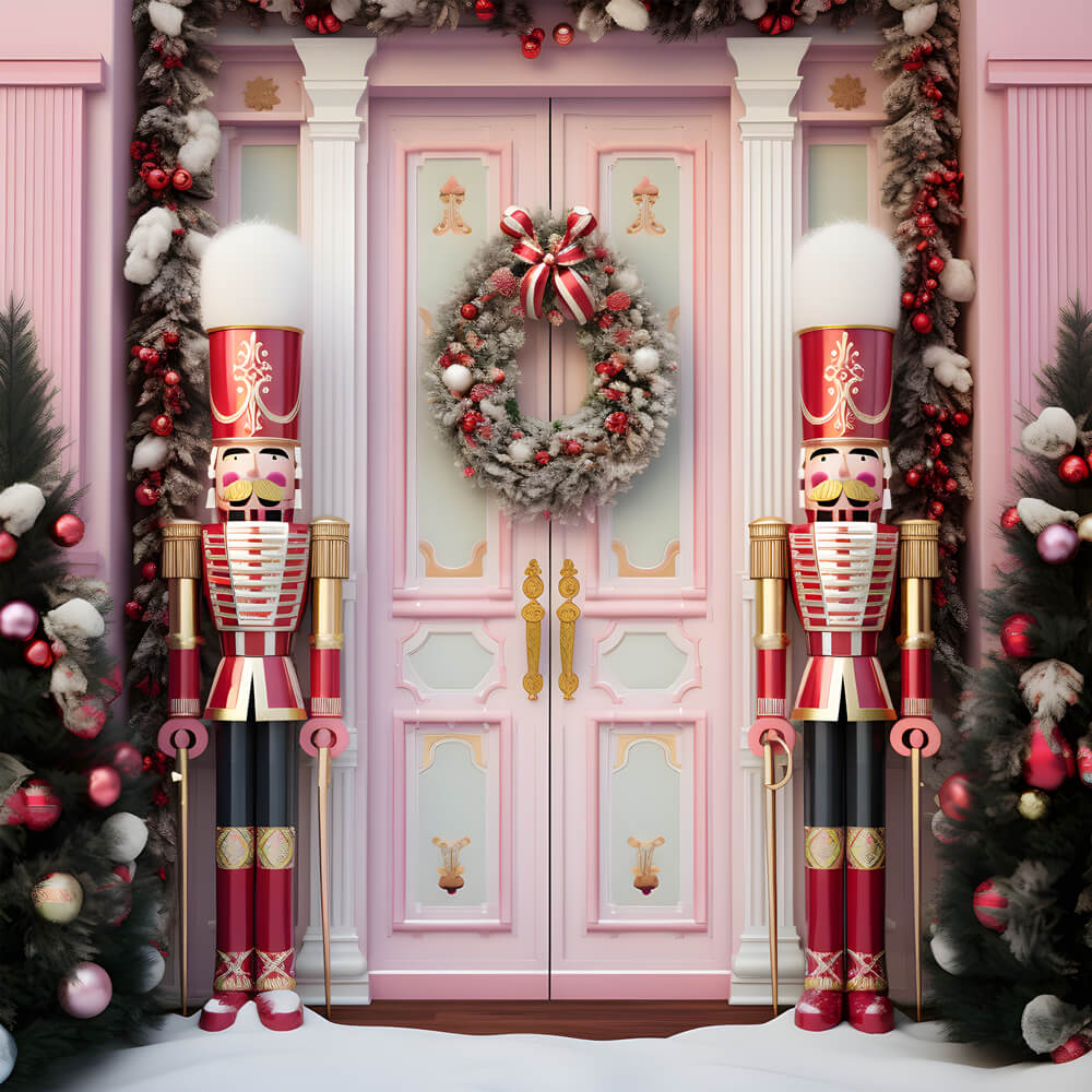 Pink Christmas Front Door Nutcracker Backdrop UK RR6-46