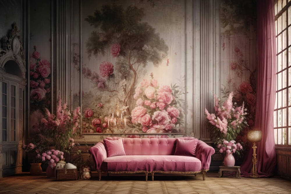 Pink Sofa Floral Retro Wall Living Room Backdrop UK RR6-62