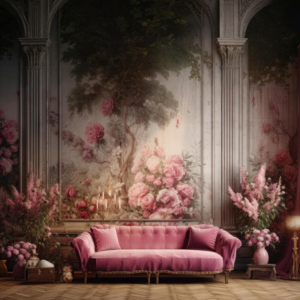 Pink Sofa Floral Retro Wall Living Room Backdrop UK RR6-62