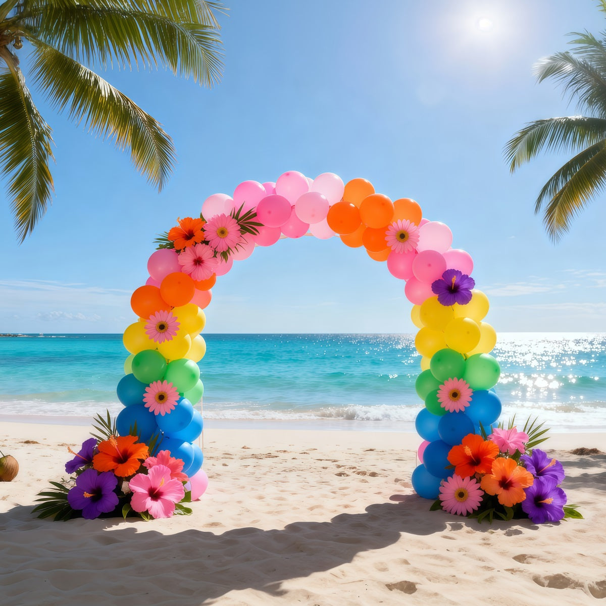 Beach Backdrop Rainbow Balloon Flower Arch Summer Photo Booth Backdrop Ideas UK RR61-1
