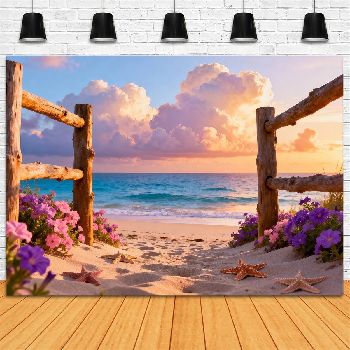 Beach Photography Backdrop Wooden Fence Starfish Path Summer Themed Backdrop UK RR61-10