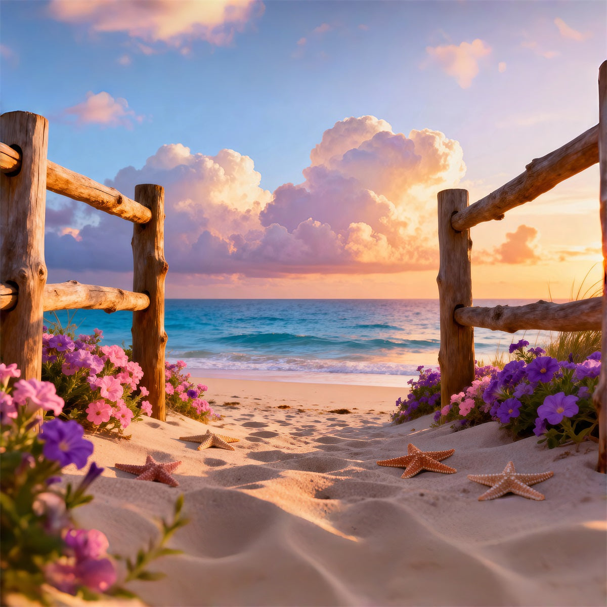 Beach Photography Backdrop Wooden Fence Starfish Path Summer Themed Backdrop UK RR61-10