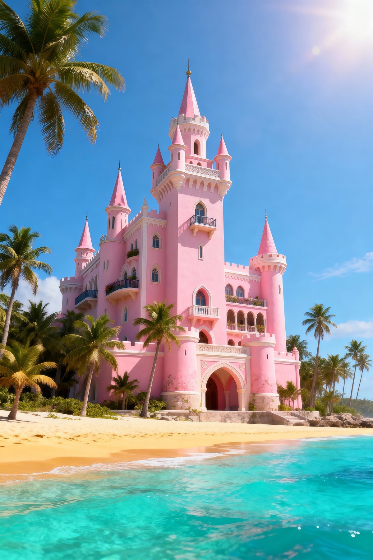 Beach Scene Backdrops Pink Castle Palm Trees Summer Photography Backdrop UK RR61-11
