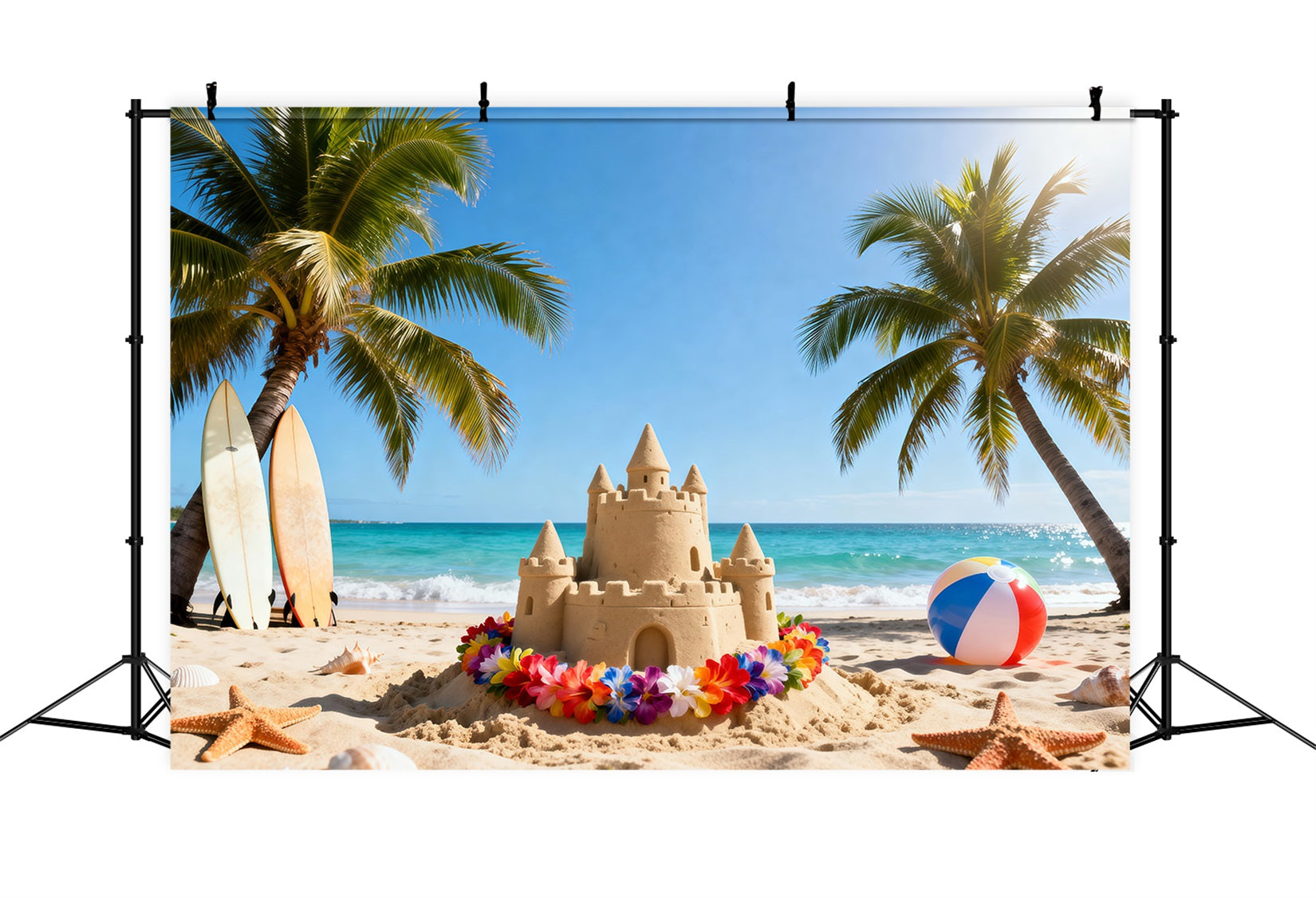 Beach Themed Backdrop Colorful Sandcastle Flowers Summer Vibes Backdrop UK RR61-12