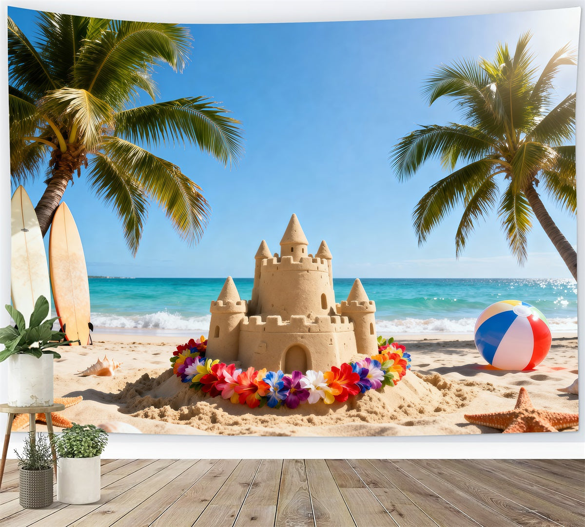 Beach Themed Backdrop Colorful Sandcastle Flowers Summer Vibes Backdrop UK RR61-12