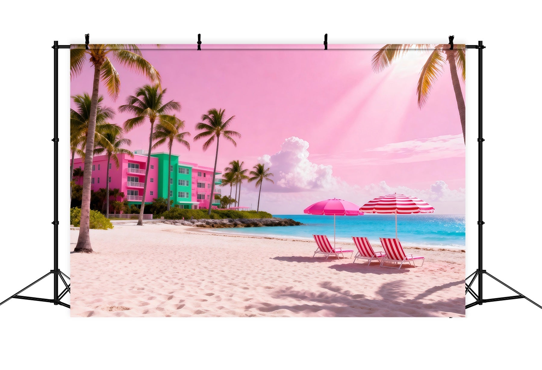 Beach Themed Photo Backdrop Pink Ocean Umbrella Retreat Summer Backdrop UK RR61-16